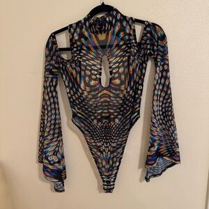 Multicolor Geometric Cutout Long-Sleeve Bodysuit
